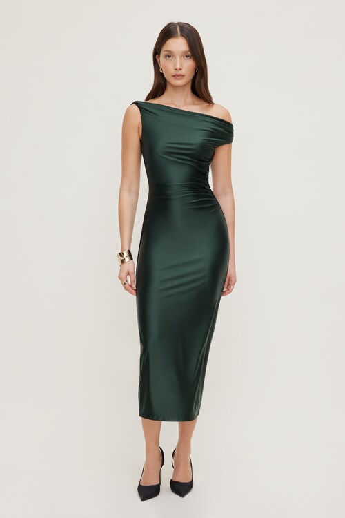 Jayde Stretch Satin Midi Dress Green | Dynamite