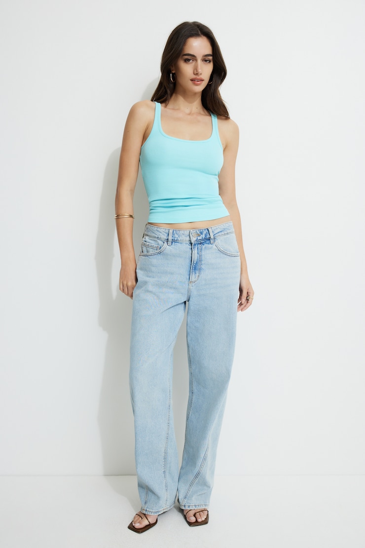 Ribbed Scoop Neck Tank Top Aqua Haze large