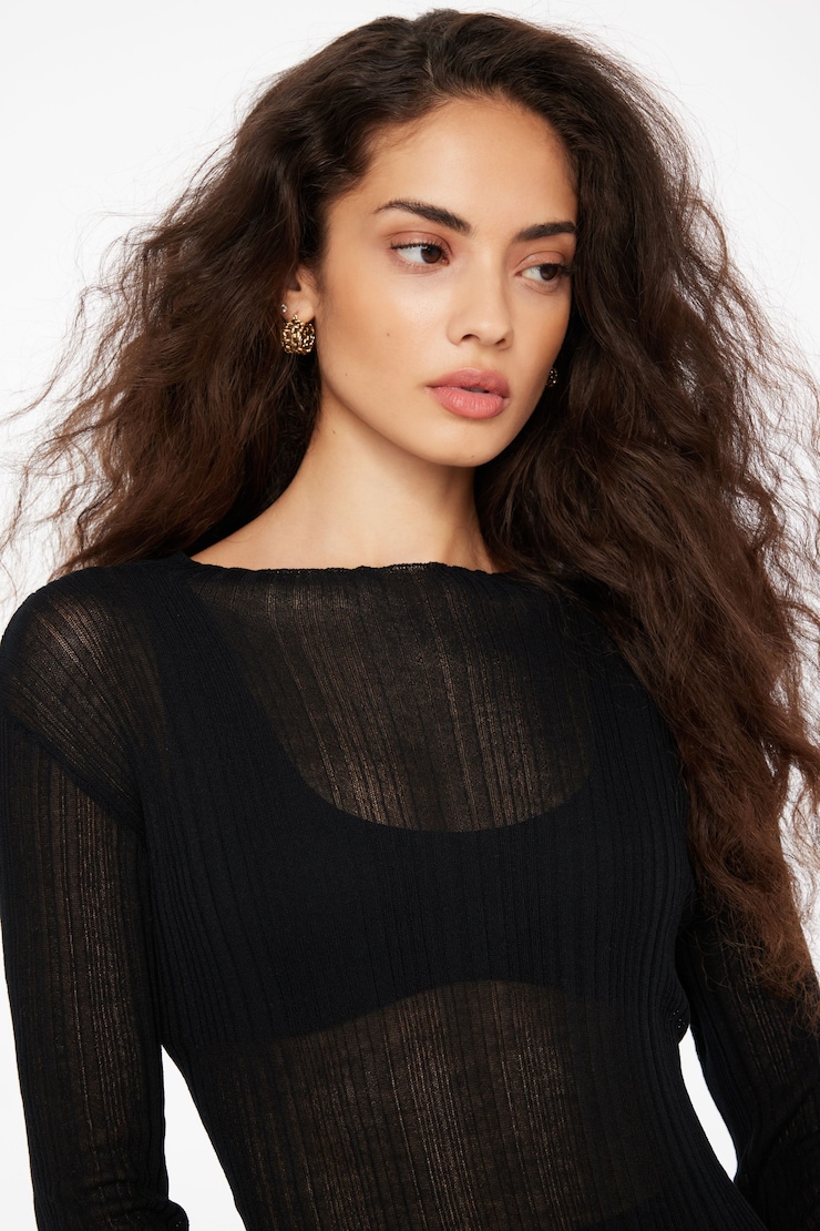 Long Sleeve Sheer Maxi Dress Jet Black large