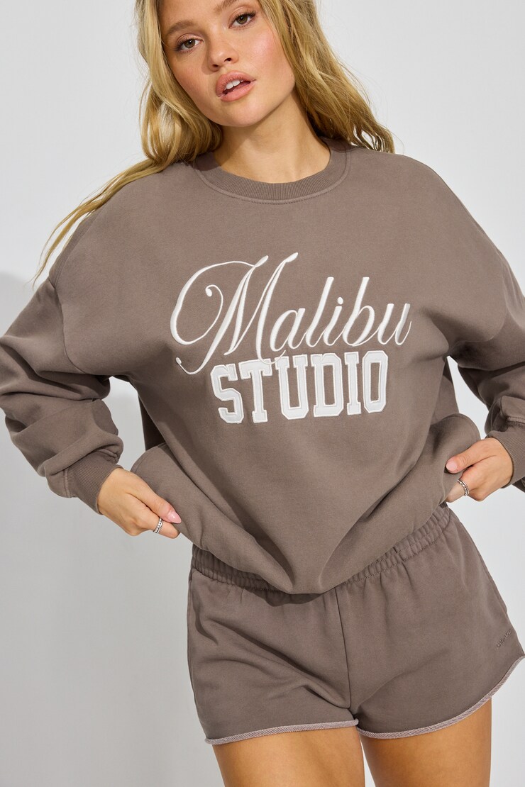 UltraFleece Crewneck Sweatshirt, Wild Mushroom Brown with "Malibu Studio" Art, large