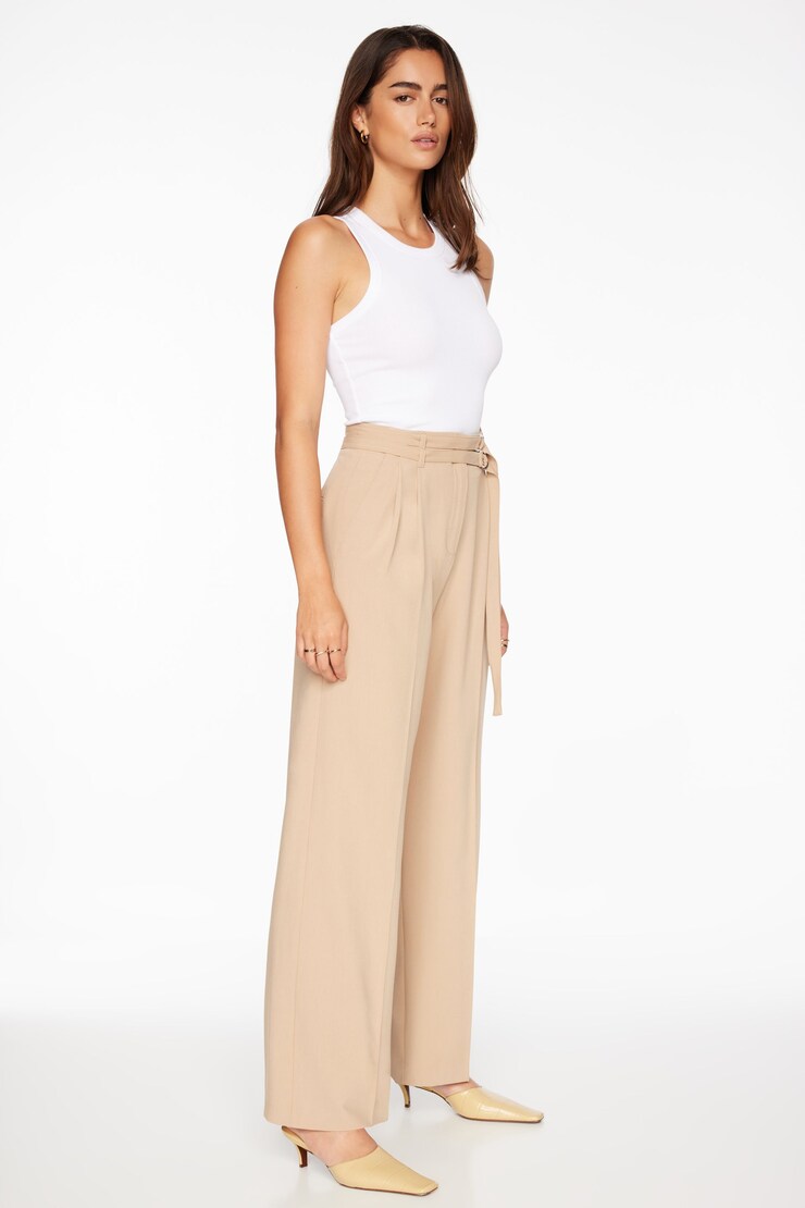 Belted Wide Leg Pants Almond Tan Beige large