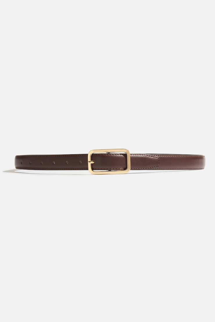 Rounded Rectangle Slim Faux Leather Belt Dark Brown / Gold large