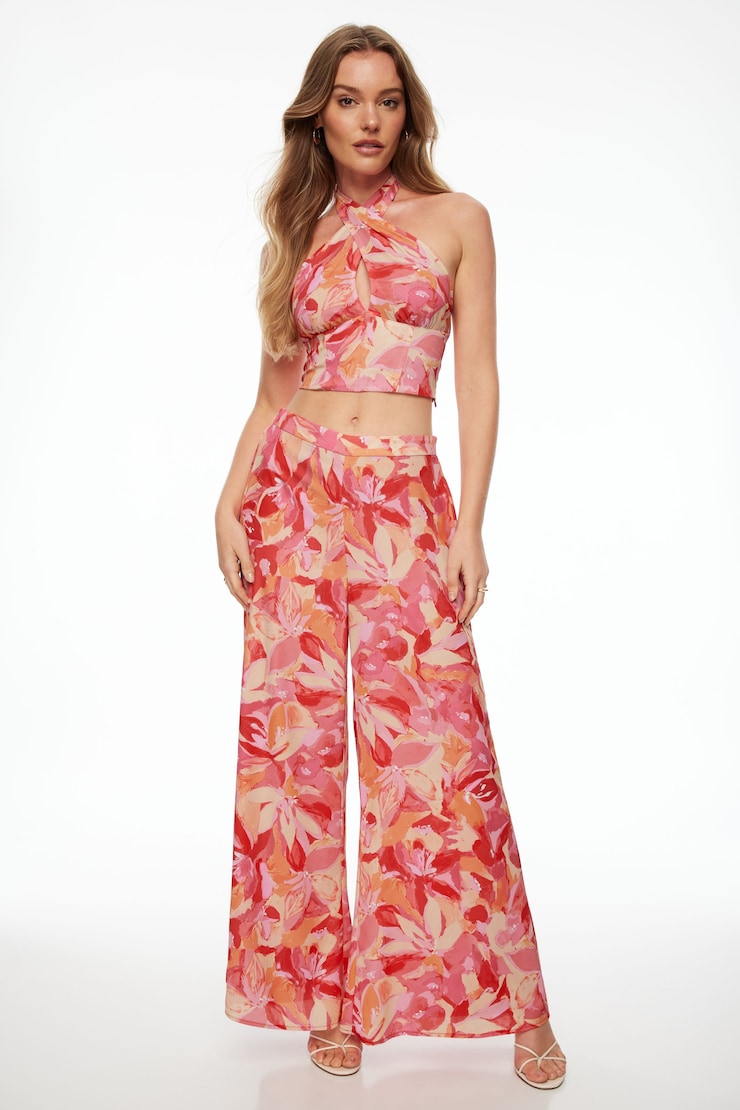 Wide Leg Palazzo Pants Bright Pink Floral large