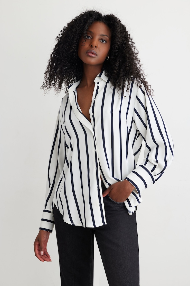 Frida Satin Oversized Shirt Navy & White Stripe large