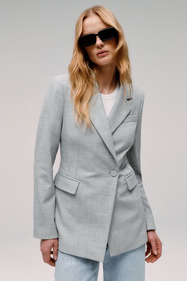 One Button Cinched Blazer Light Gray large