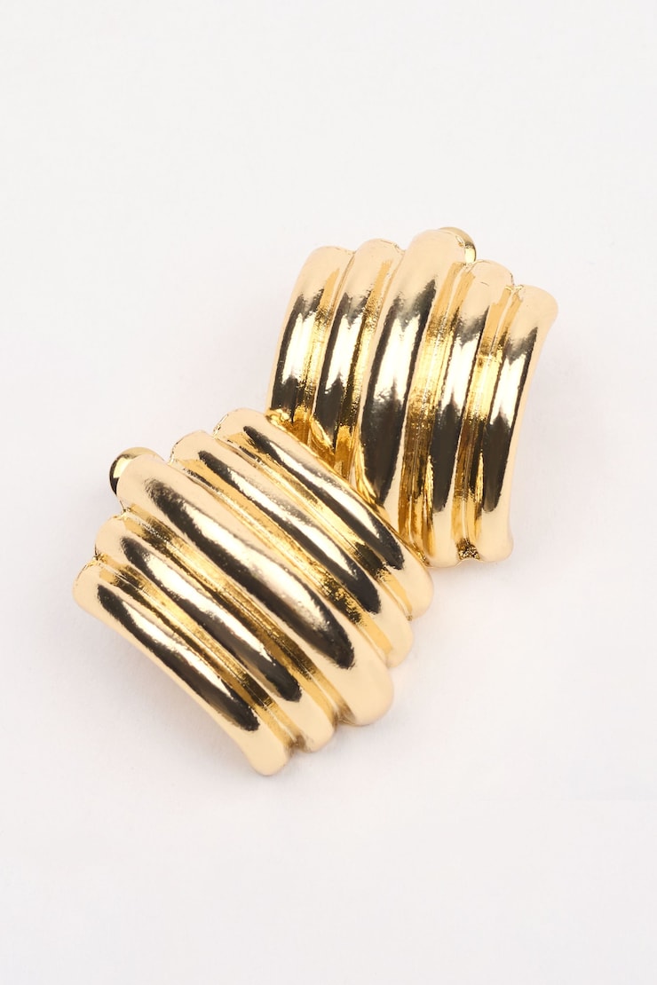 Lined Curve Button Earrings, Gold, large