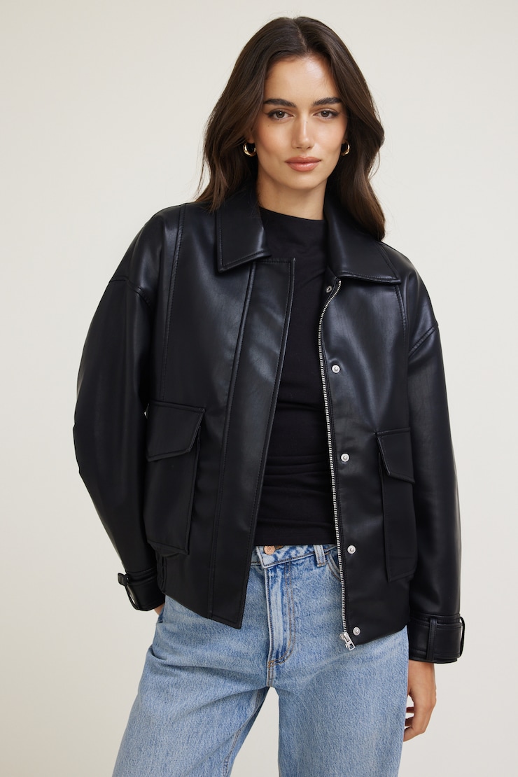 Oversized Faux Leather Aviator Jacket