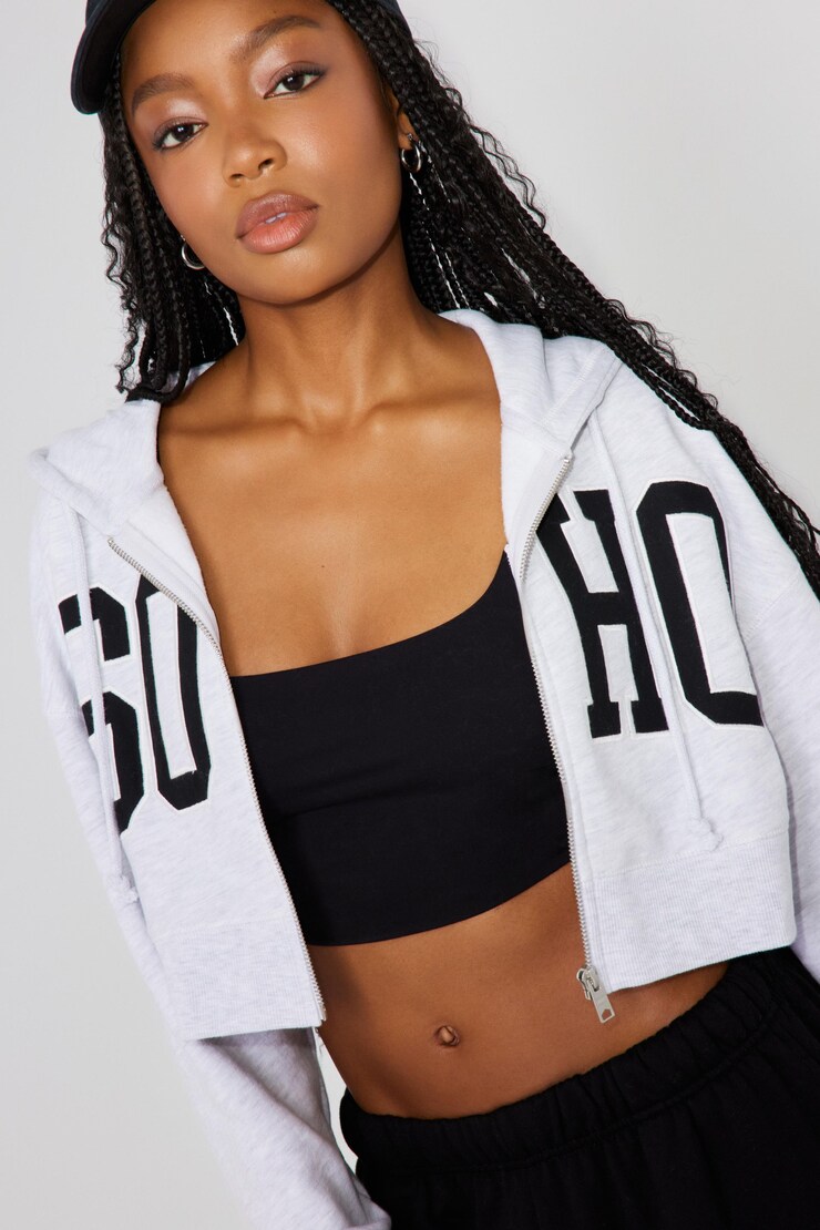 Cropped Zip Up Hoodie, Spring Grey Mix with "Soho" Art, large