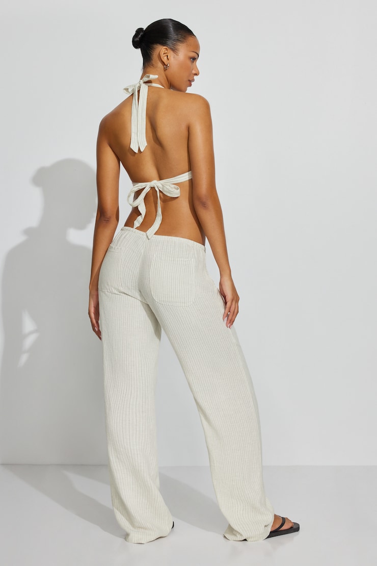 Clean Linen Pants, Beige/White Stripes, large