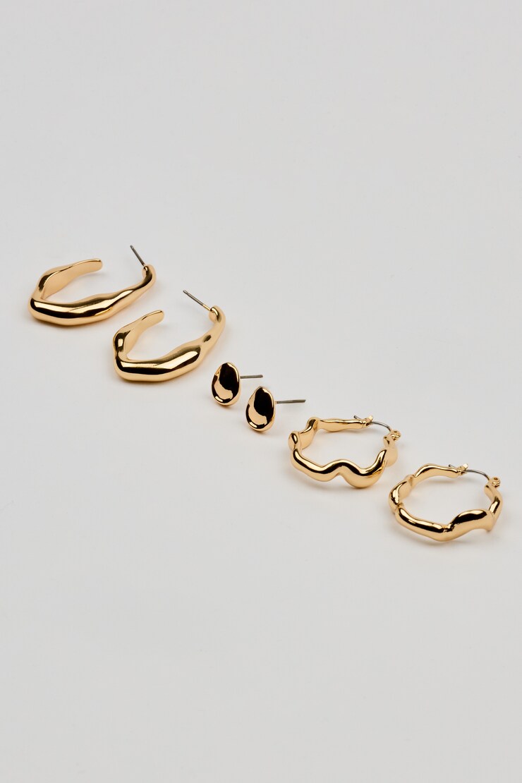 3 Pack of Wavy Studs and Hoop Earrings, Gold, large