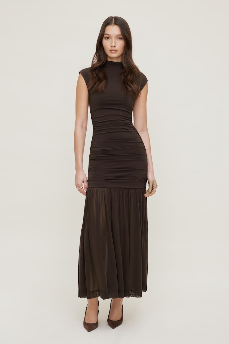 brown mixed media dress Katarina Mixed Media Off The Shoulder Mini Dress Brown / Small main image 1