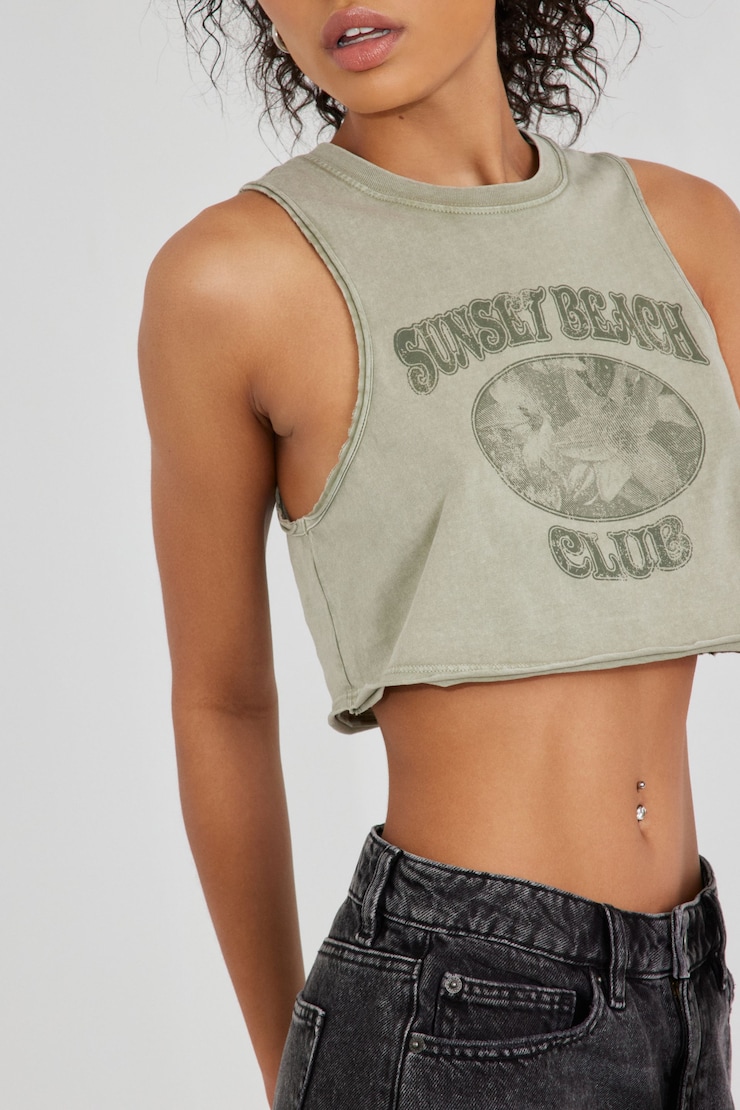 Chopped Boyfriend Tank Top, Washed Seagrass Green with "Sunset Beach Club" Art, large