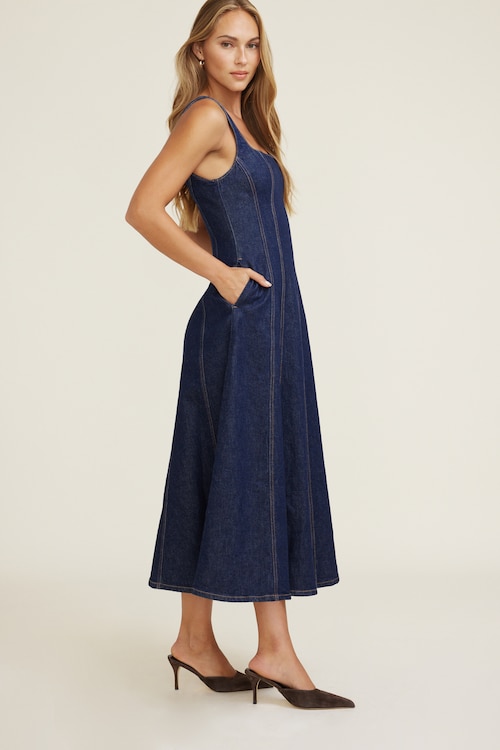 Flared Denim Maxi Dress - Dynamite - Blue - Women Clothing Flared Denim Maxi Dress - Dynamite - Blue - Women Clothing