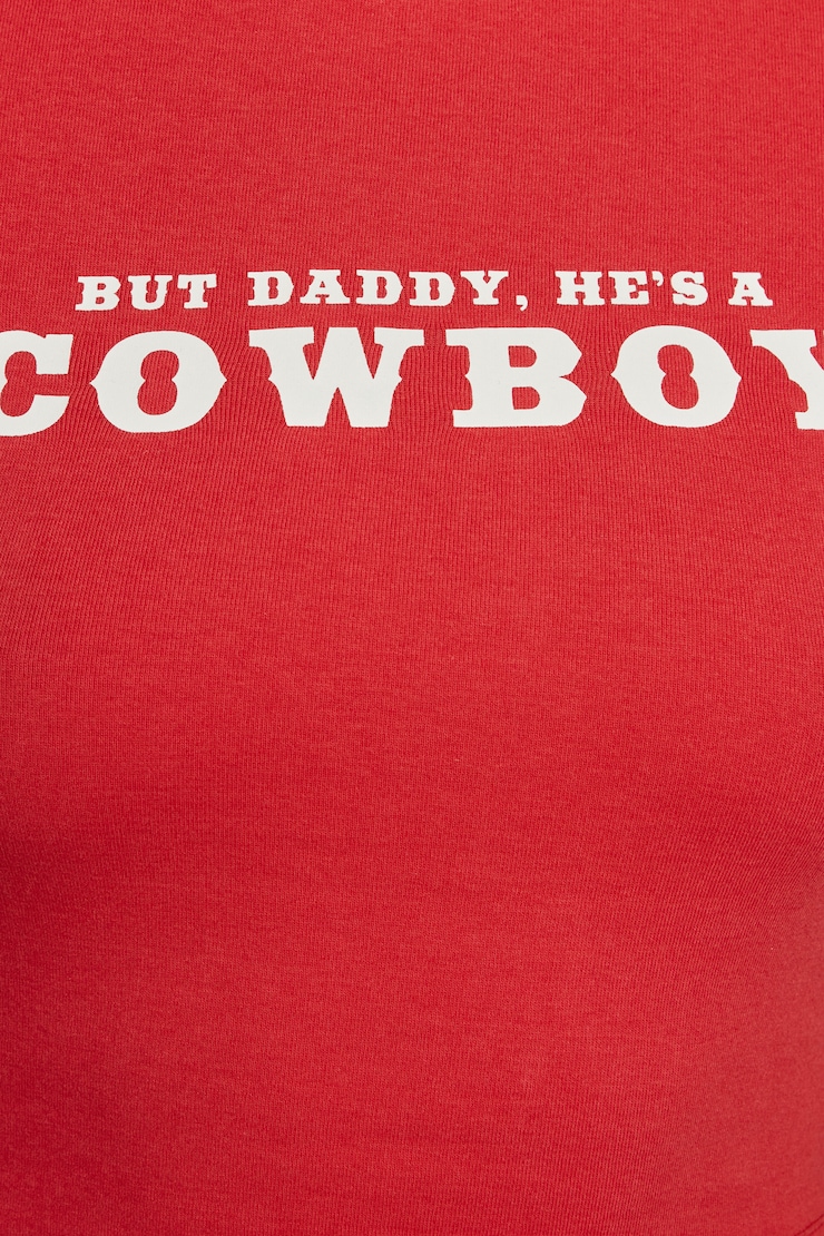 Stormi T Shirt, Tomato Puree Red with "Cowboy" Art, large