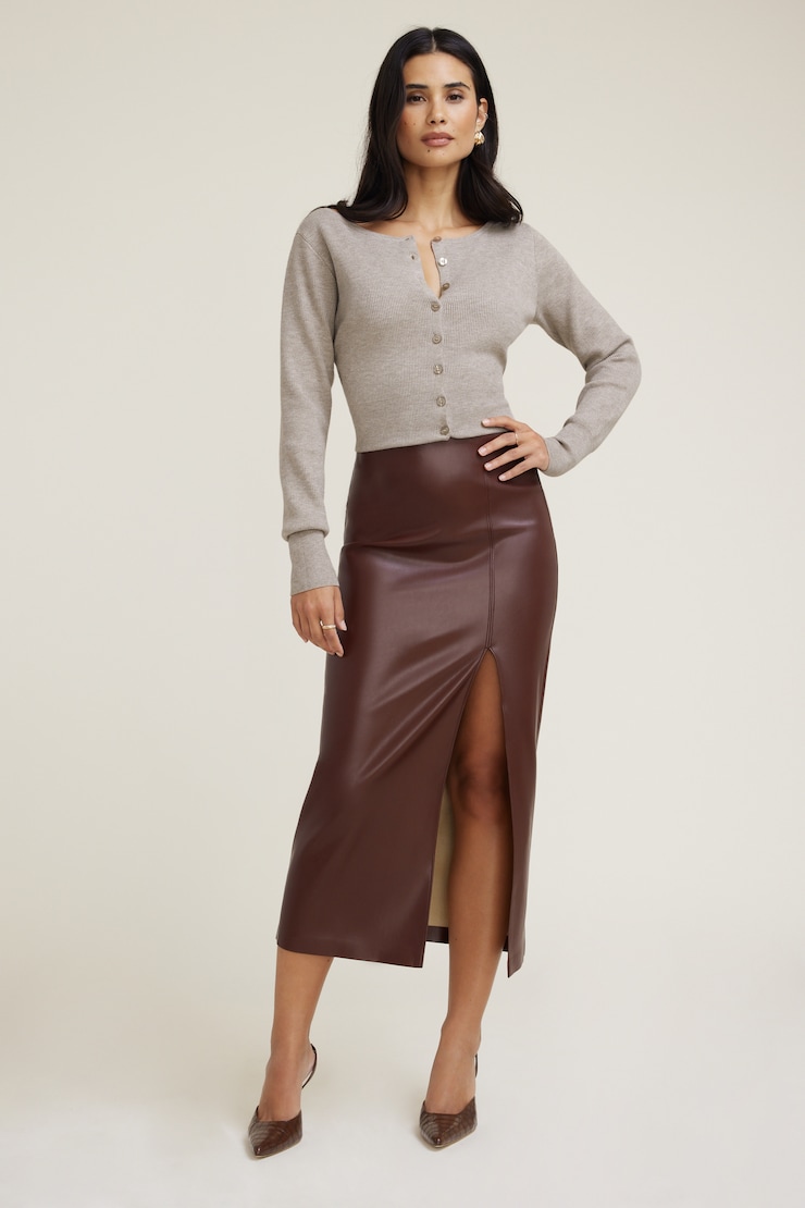 Marlow Faux Leather Midi Skirt Brown | Dynamite