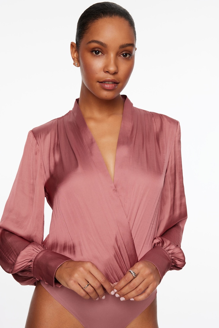 Long Sleeve Satin Wrap Bodysuit Deco rose large