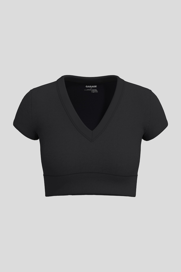 T-shirt sans coutures à col plongeant Sonia, Noir encre, large