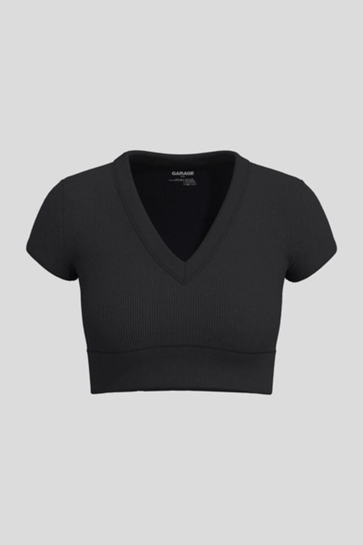 T-shirt sans coutures à col plongeant Sonia, Noir encre, large