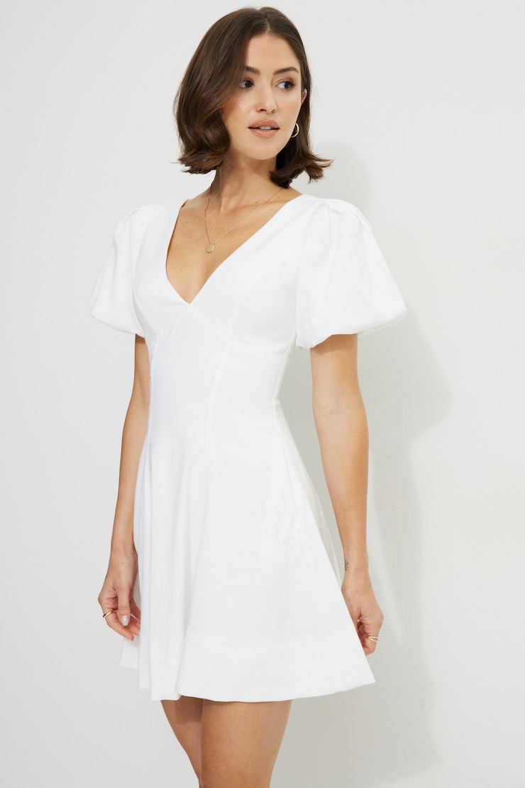 Flared Puff Sleeve Mini Dress Bright White large