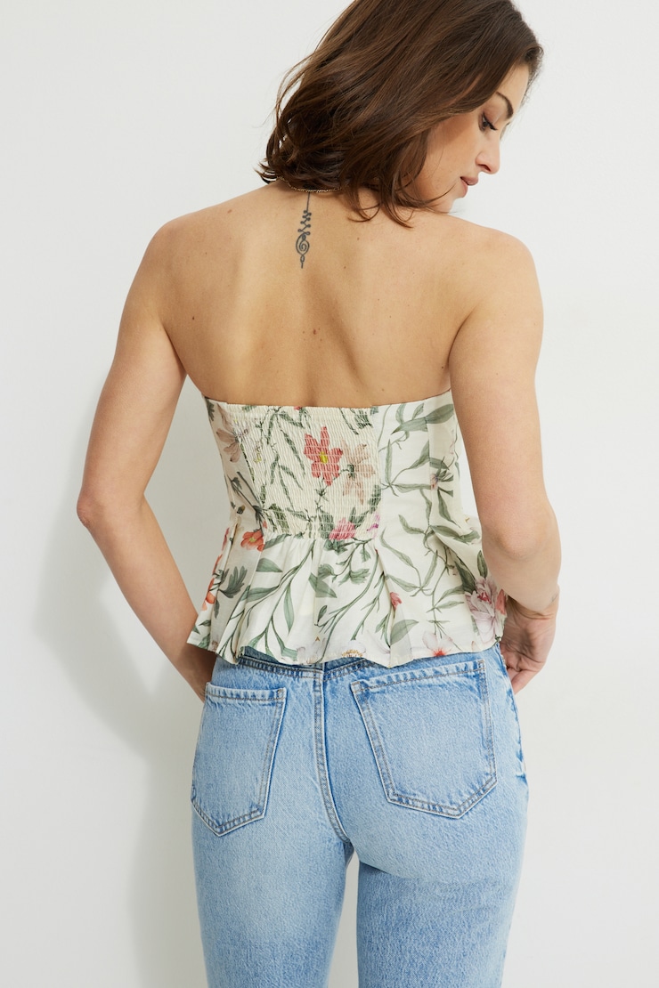 Floral Peplum Tube Top Beige Floral large