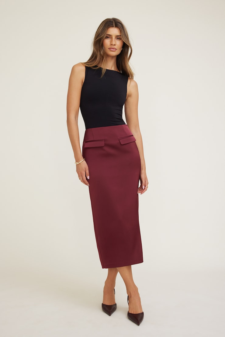 Satin Midi Skirt BURGUNDY | Dynamite