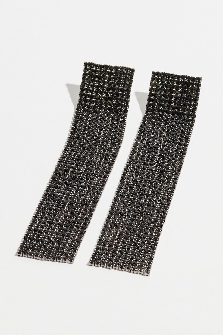 Boucles d’oreilles carrées à franges et pierres du Rhin Noir/argent large