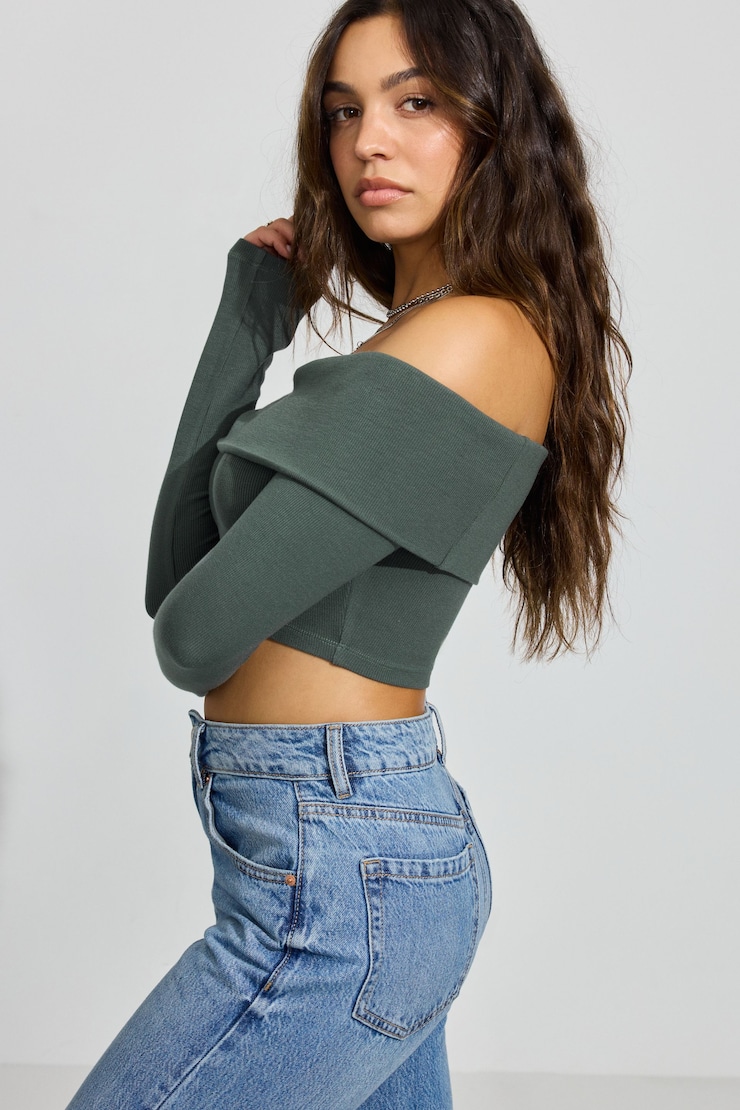 Kayla Foldover Off Shoulder Top, Urban Chic Green, large