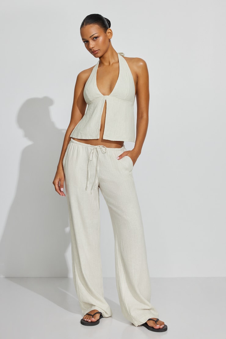 Clean Linen Pants, Beige/White Stripes, large