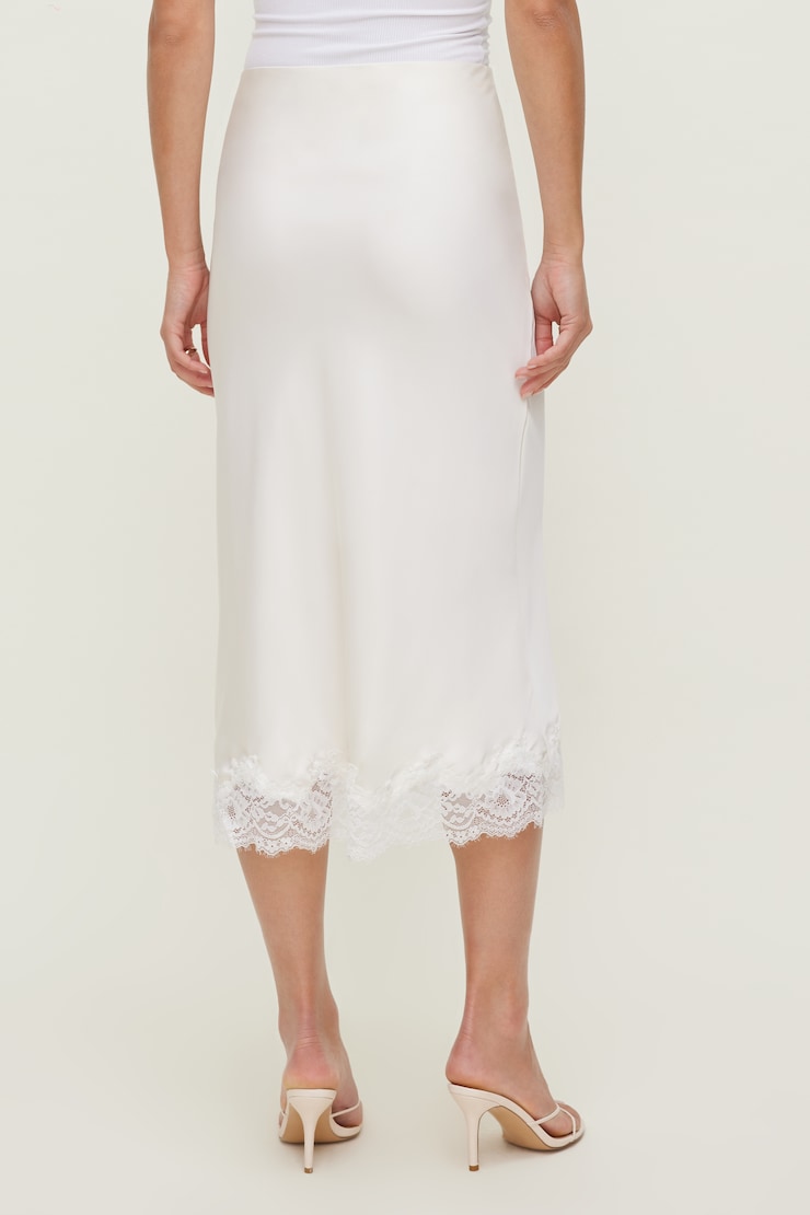 Jupe midi en satin et dentelle Crème sel de mer large