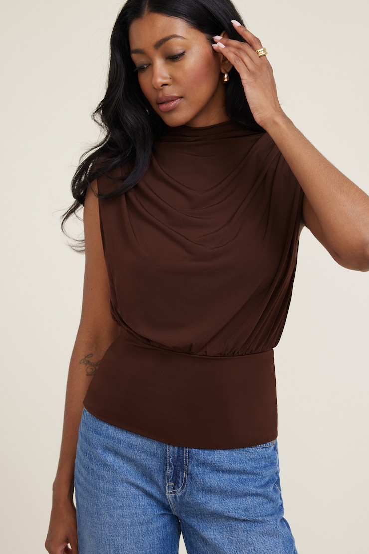Mockneck Top With Shoulder Pads Bitter Chocolate Brown large