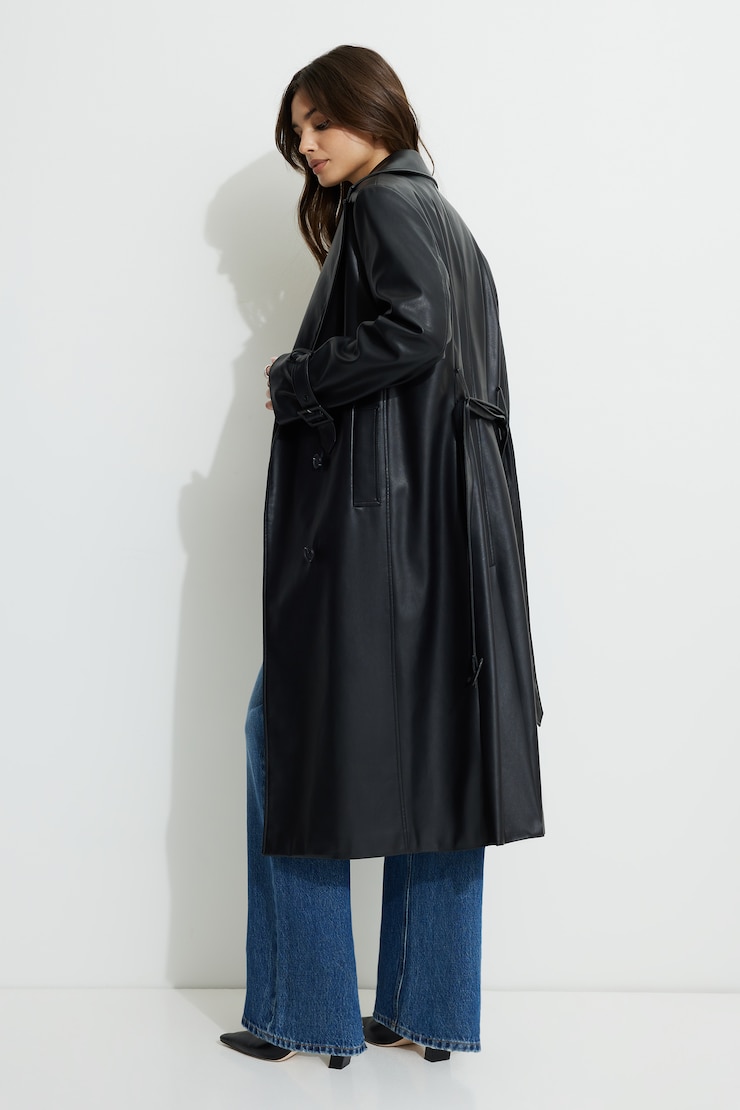 Military Faux Leather Trench Coat Jet Black large