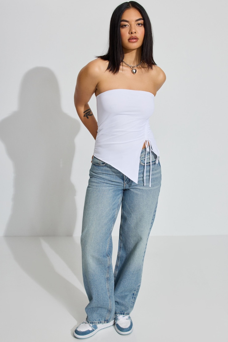 Shirred Asymmetric Tube Top, Bright White, large