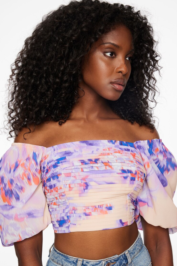 Bubble Sleeve Pleated Top  Violet Floral  large