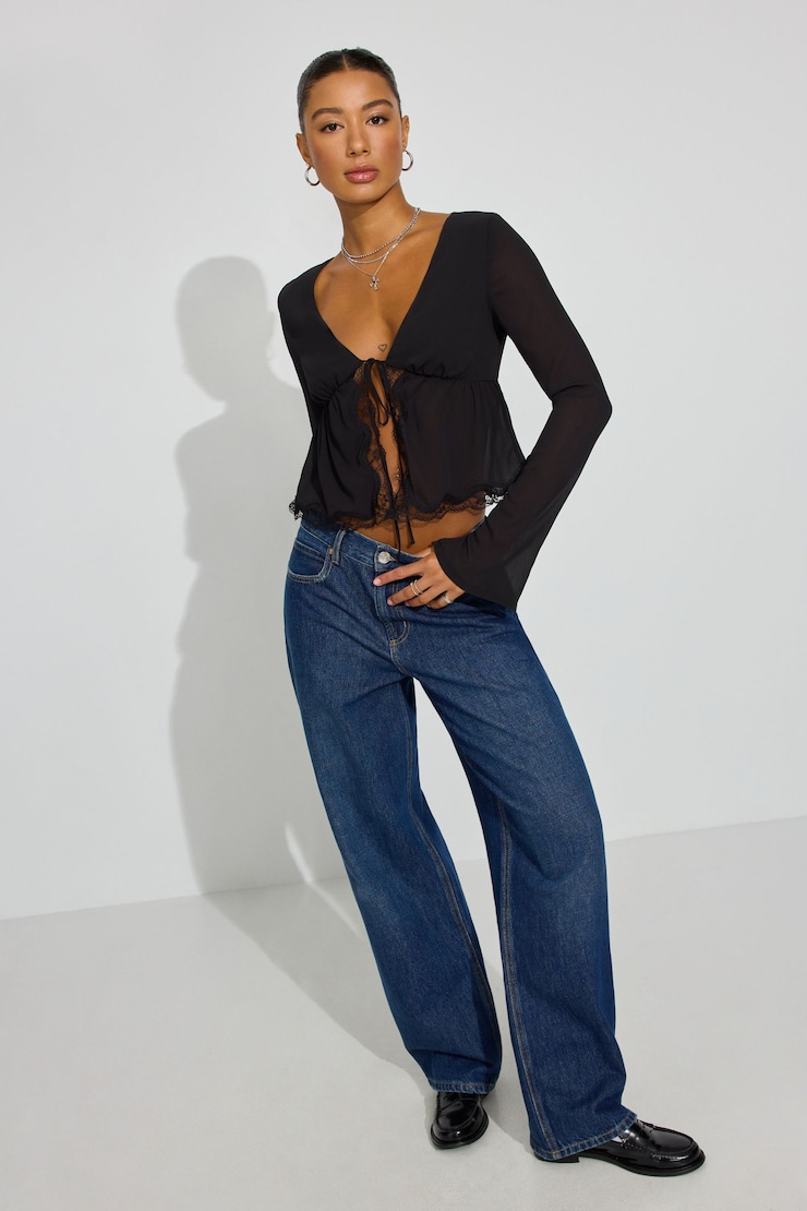 Georgette Lace Trim Flyaway Top Black | Garage