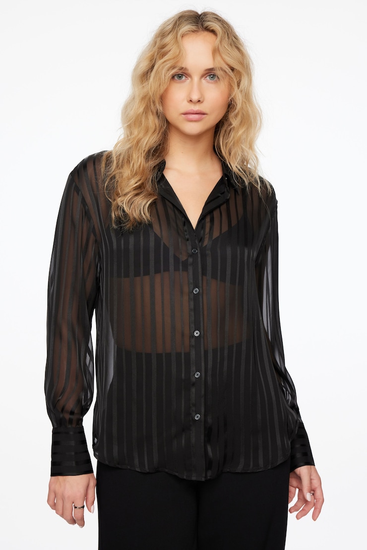 Frida Striped Sheer Button Up Shirt Jet Black  large