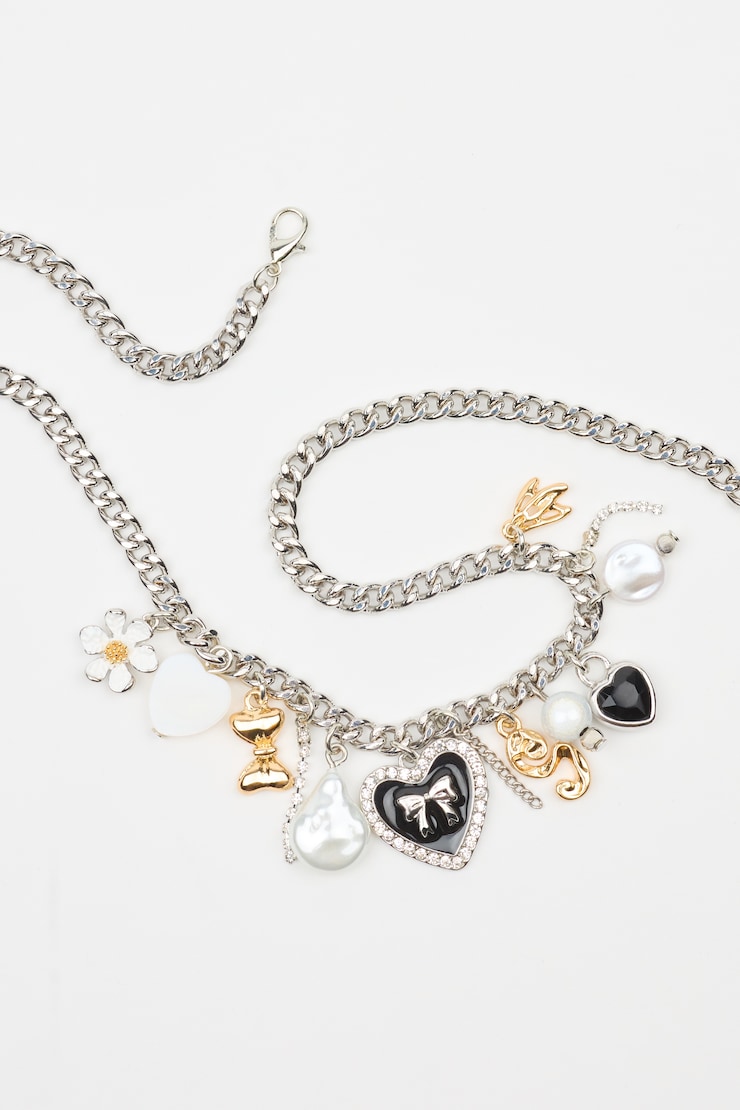 Vintage Hearts & Pearls Charm Necklace, Black/White/Silver, large