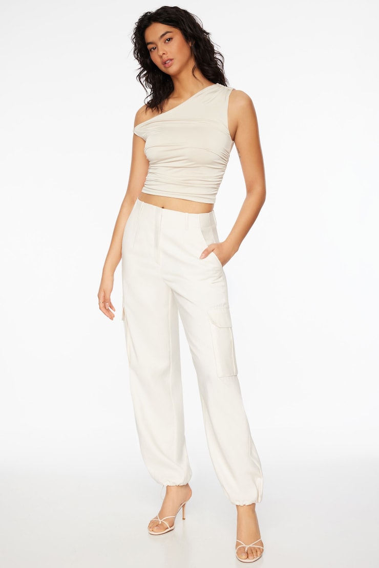 Rowen One Shoulder Draped Top Rainy Day Beige large