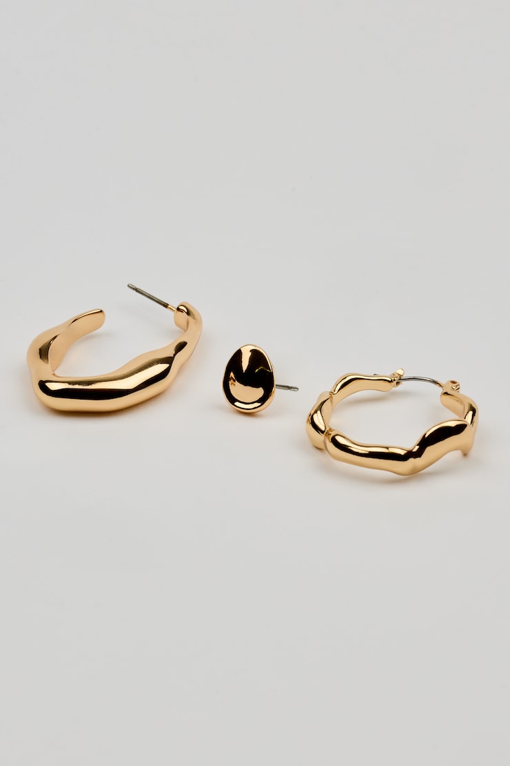 3 Pack of Wavy Studs and Hoop Earrings, Gold, large