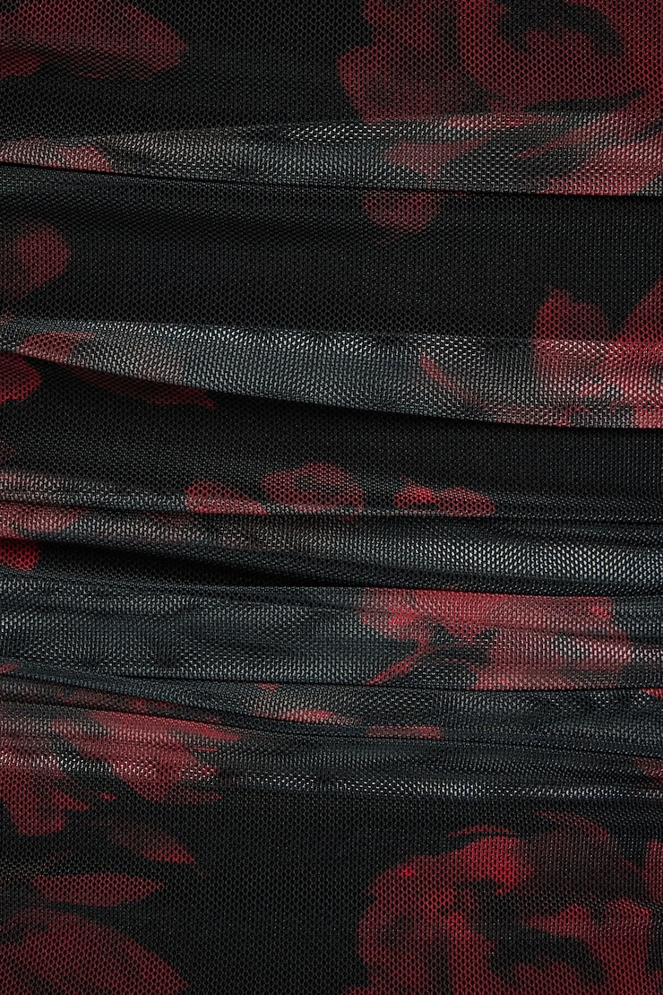 Shirred Mesh Tube Top Black & Red Floral large