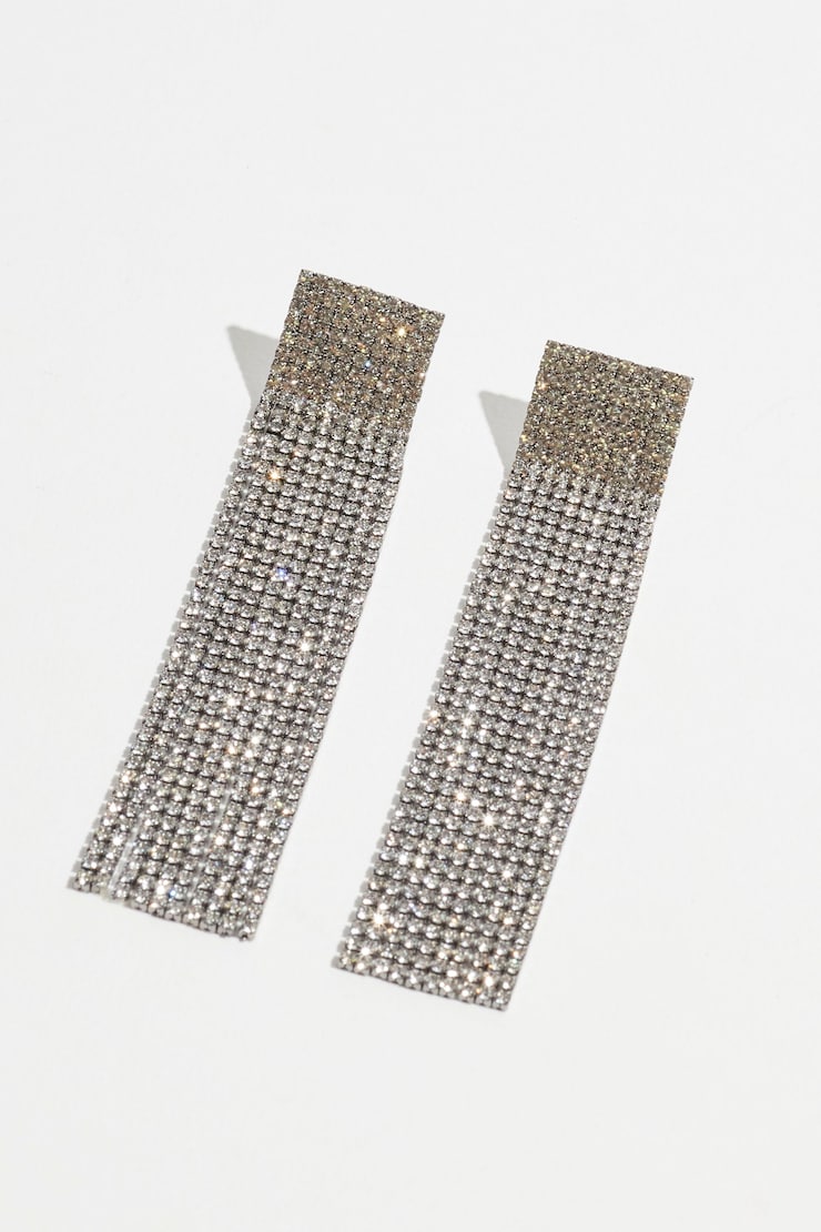Square Rhinestone Fringe Earrings Clear/Silver large