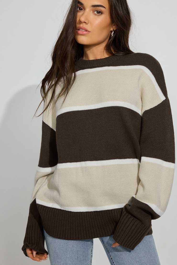 Roxy Long Sleeve Supersoft Crewneck Sweater, Armadillo Brown/Rainy Day/Snow White Stripes, large