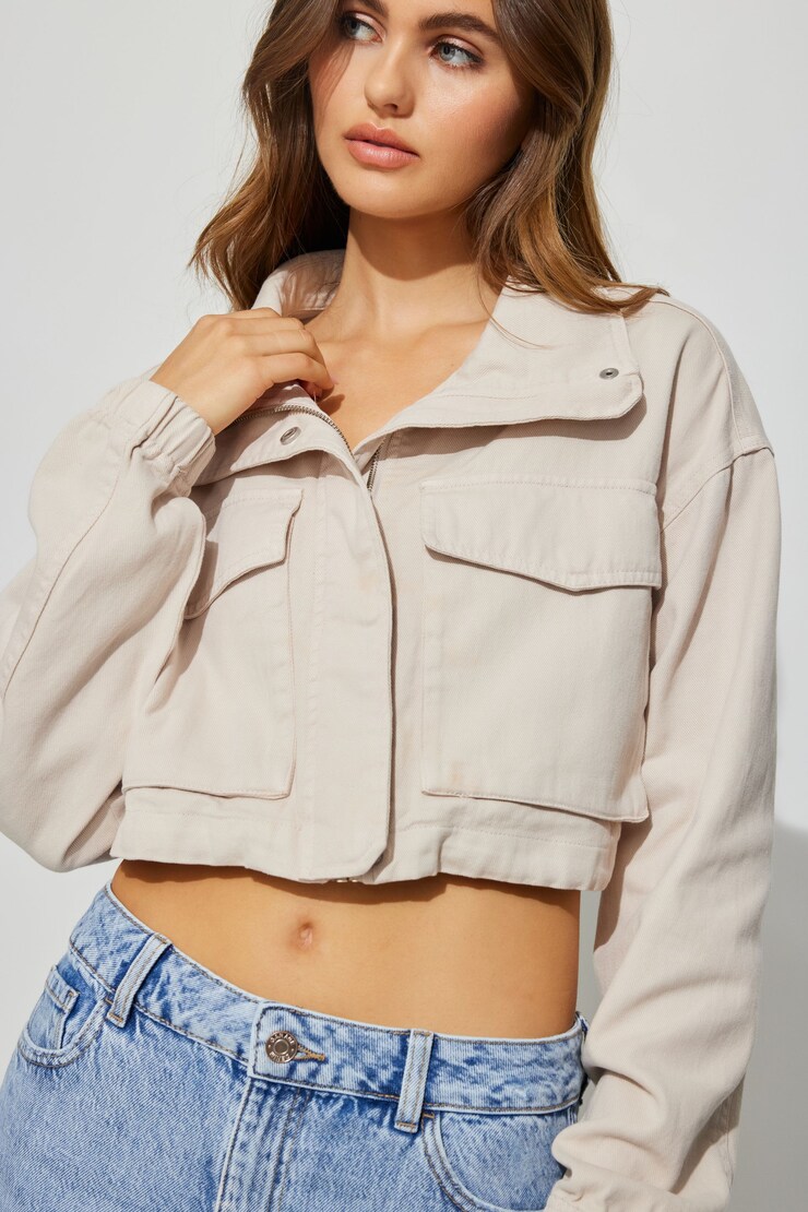 Cropped Utility Denim Jacket, Pebble Grey, large