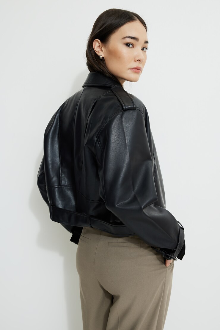 Belted Faux Leather Biker Jacket Jet Black large