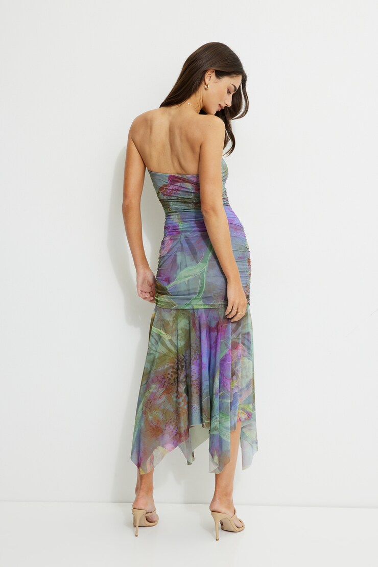 Ruched Mesh Maxi Tube Dress Green & Purple Flower Abstract large