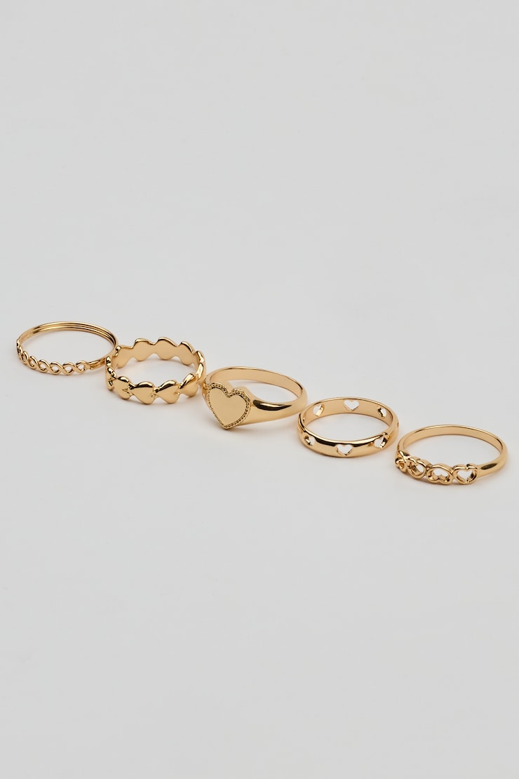 Set of 5 Allover Hearts Rings, Gold, large