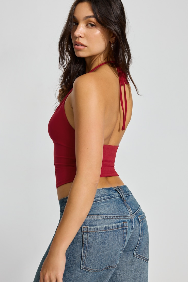 Shirred Low Back Halter Top Red | Garage