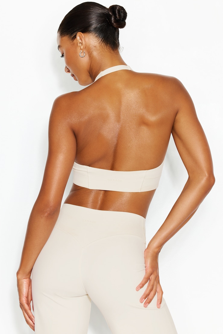 Active Plunge Halter Bra, Coconut Whip Beige, large