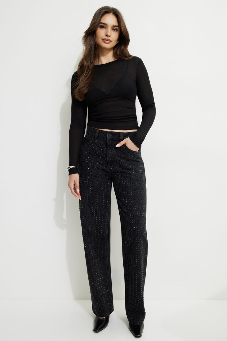 Mika Rhinestone Relaxed Straight Jeans Black | Dynamite
