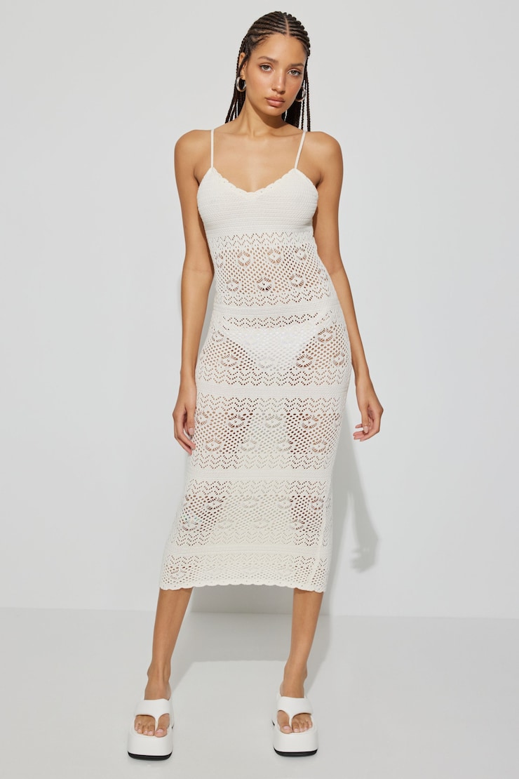 Crochet Scallop Edge Maxi Dress, Sea Salt Beige, large