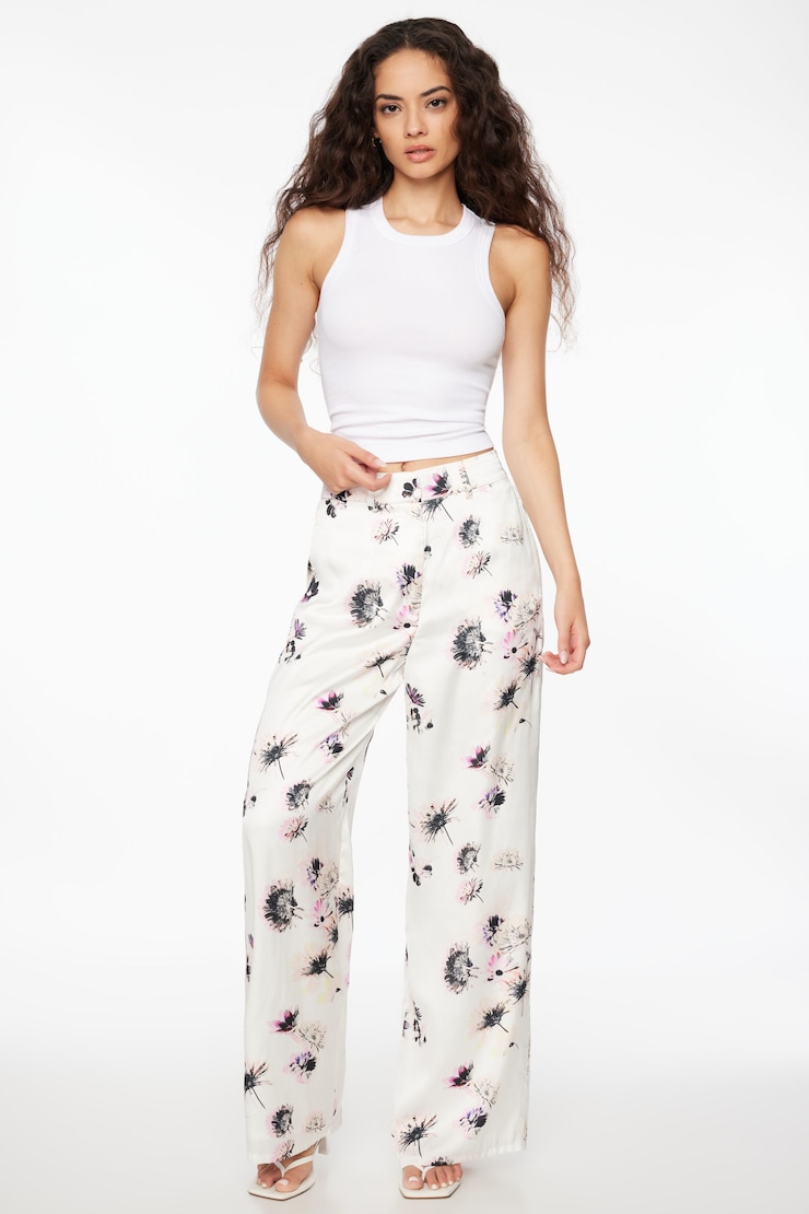 Heidi Printed Satin Wide Leg Pants  Pink Daisy  large